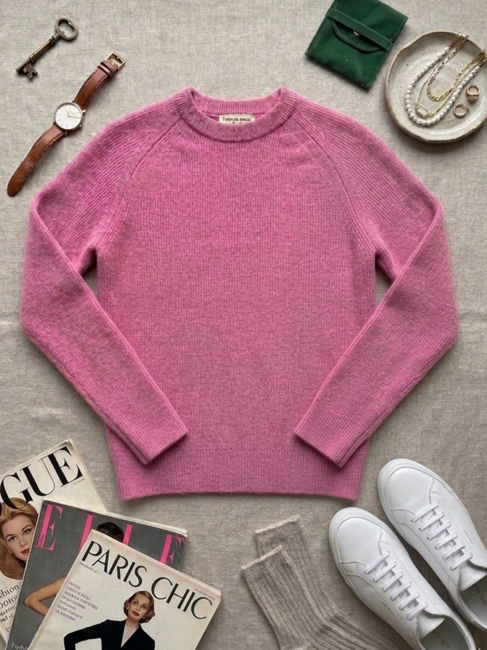100% Cashmere Signature Ribbed Crewneck Sweater S Coquette Quiet Luxury Fairy